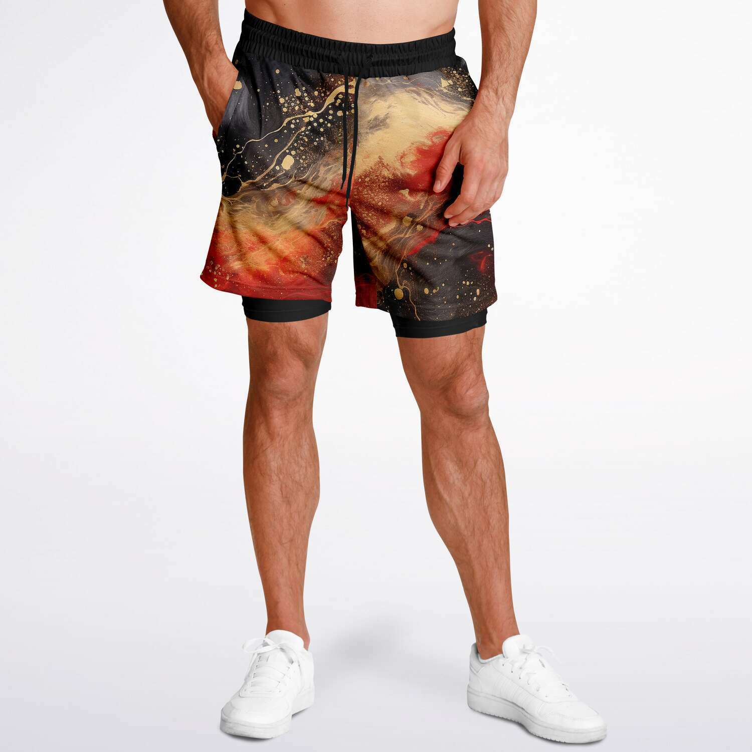 Subliminator Men's 2-in-1 Shorts - AOP Men's 2-in-1 Shorts - AOP - Pour Paint Red and Black Matching Pet and Owner Apparel